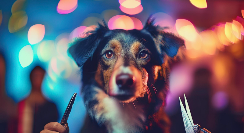 Groomer smiling while trimming a dog's fur